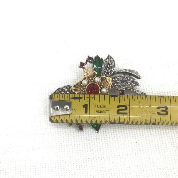 Gorgeous silver Avon Faux Pearl Rhinestone Enamel Floral Brooch Pin HOLIDAY - Picture 4 of 4